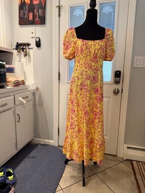 London Times Yellow Maxi Dress with Pink Floral Print
